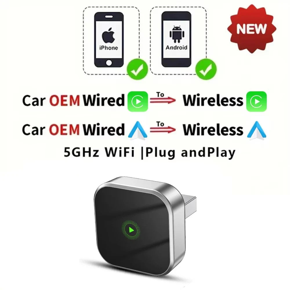 2 in 1 Wireless CarPlay Adapter&Android Mini Auto Wireless Adapter, 5Ghz WiFi Type-C/USB Plug & Play Carplay Wireless Adapter