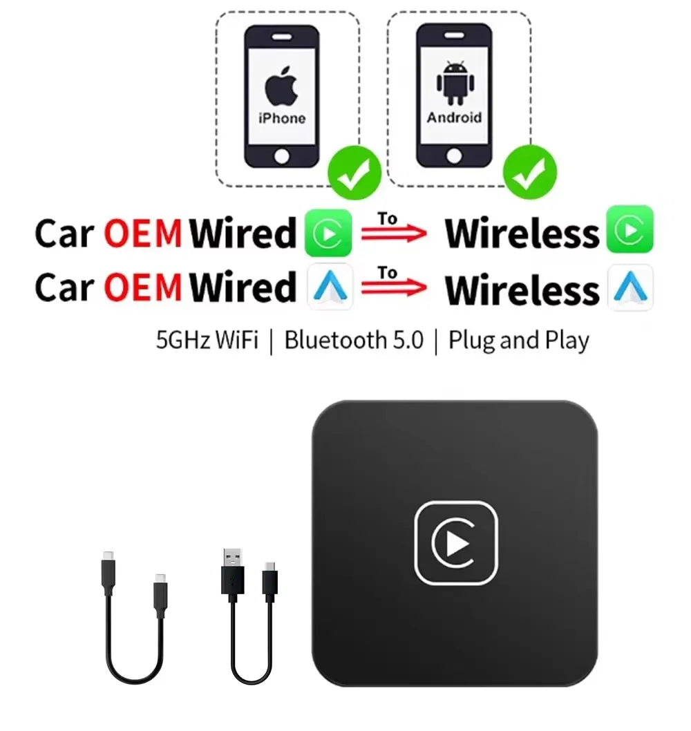 2 in 1 Wireless CarPlay Adapter&Android Mini Auto Wireless Adapter, 5Ghz WiFi Type-C/USB Plug & Play Carplay Wireless Adapter